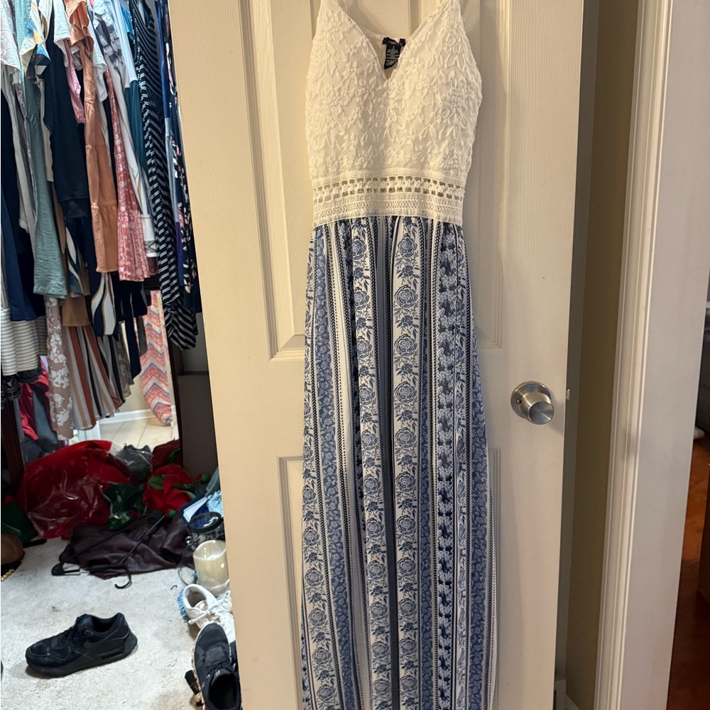 Elegant White and Blue Maxi Dress
